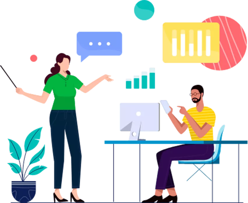 2 people talking in office